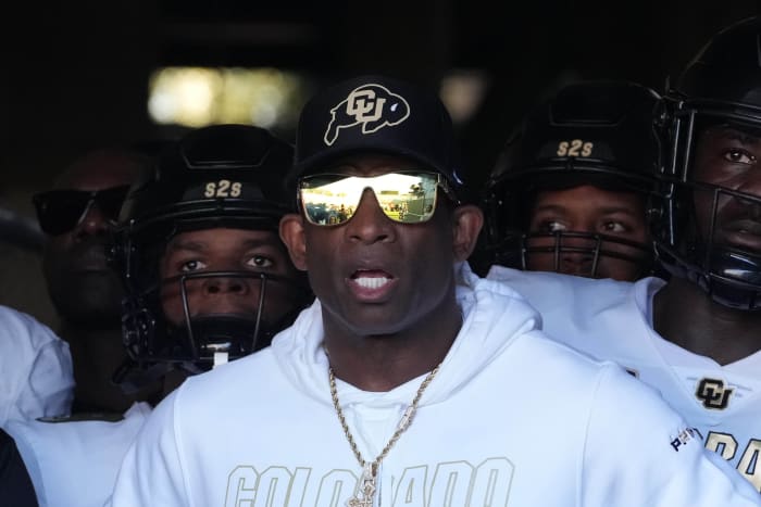 Colorado Buffaloes head coach Deion Sanders enters the field before the game against the UCLA Bruins at Rose Bowl. UCLA defeated Colorado 28-16.